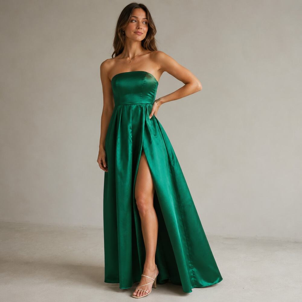 Showpo Queen Of The Show Strapless Maxi Fitted Dress in Emerald Satin, size 0